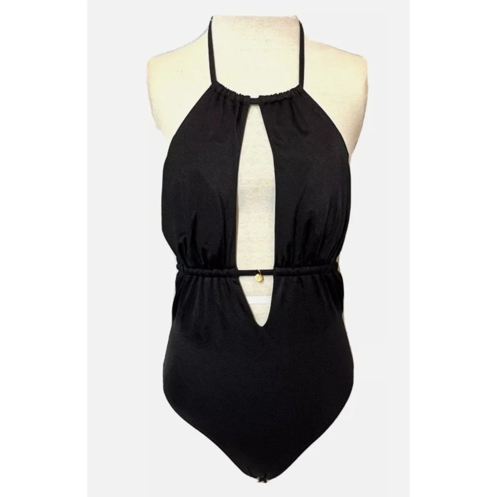 Victoria's Secret One Piece Swimsuit Black Beach Halter Front Keyhole Large